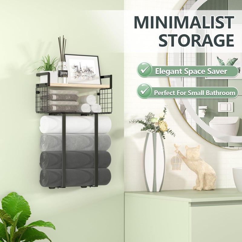 Xstydes Towel Racks for Bathroom  Metal Towel Holder with Storage Basket Wall Towel Rack for Rolled Towels  Towel Storage for Small Bathroom Bathroom Shelves. - Image 5